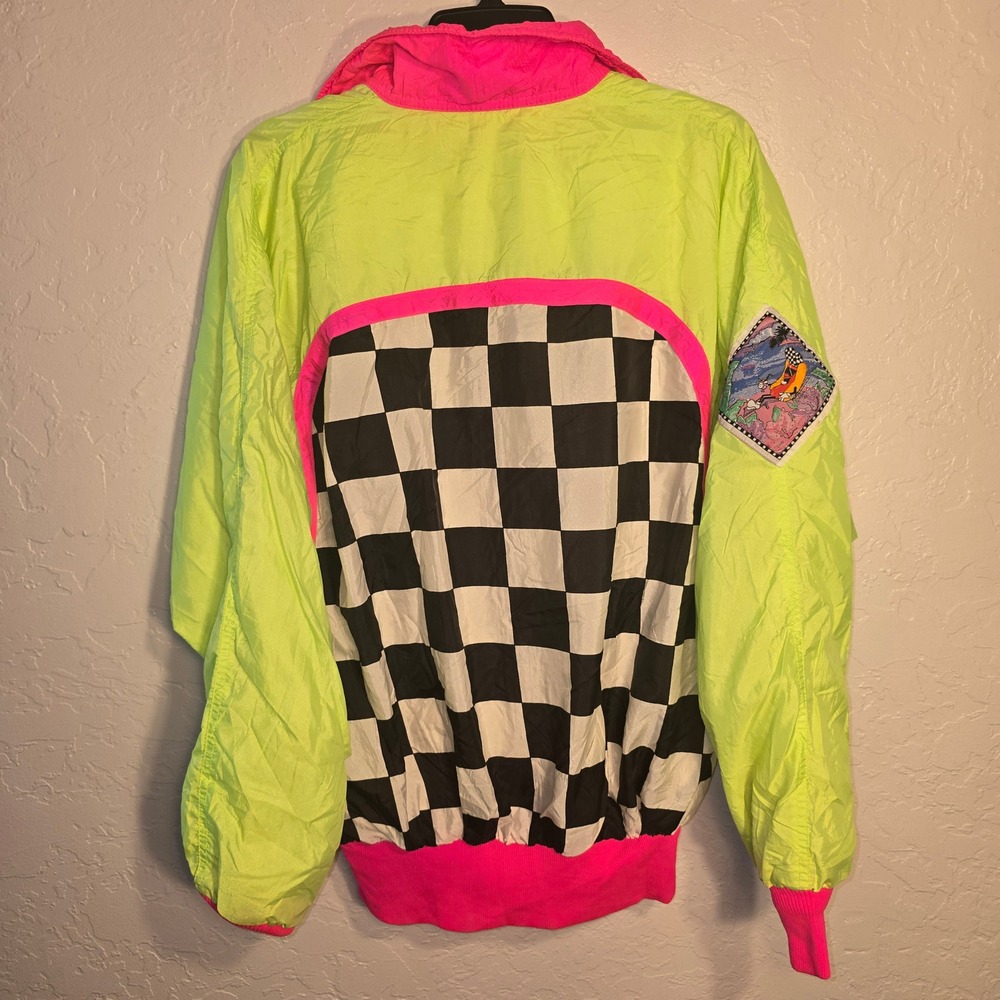 Hotdogger USA Windbreaker Small Neon Green Pink Checkered Retro 90s Jacket - Picture 7 of 11